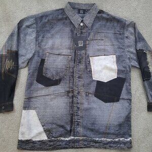 NEW Brooklyn BX Faux Denim Patchwork Long Sleeve Shirt Men's XL Button Down
